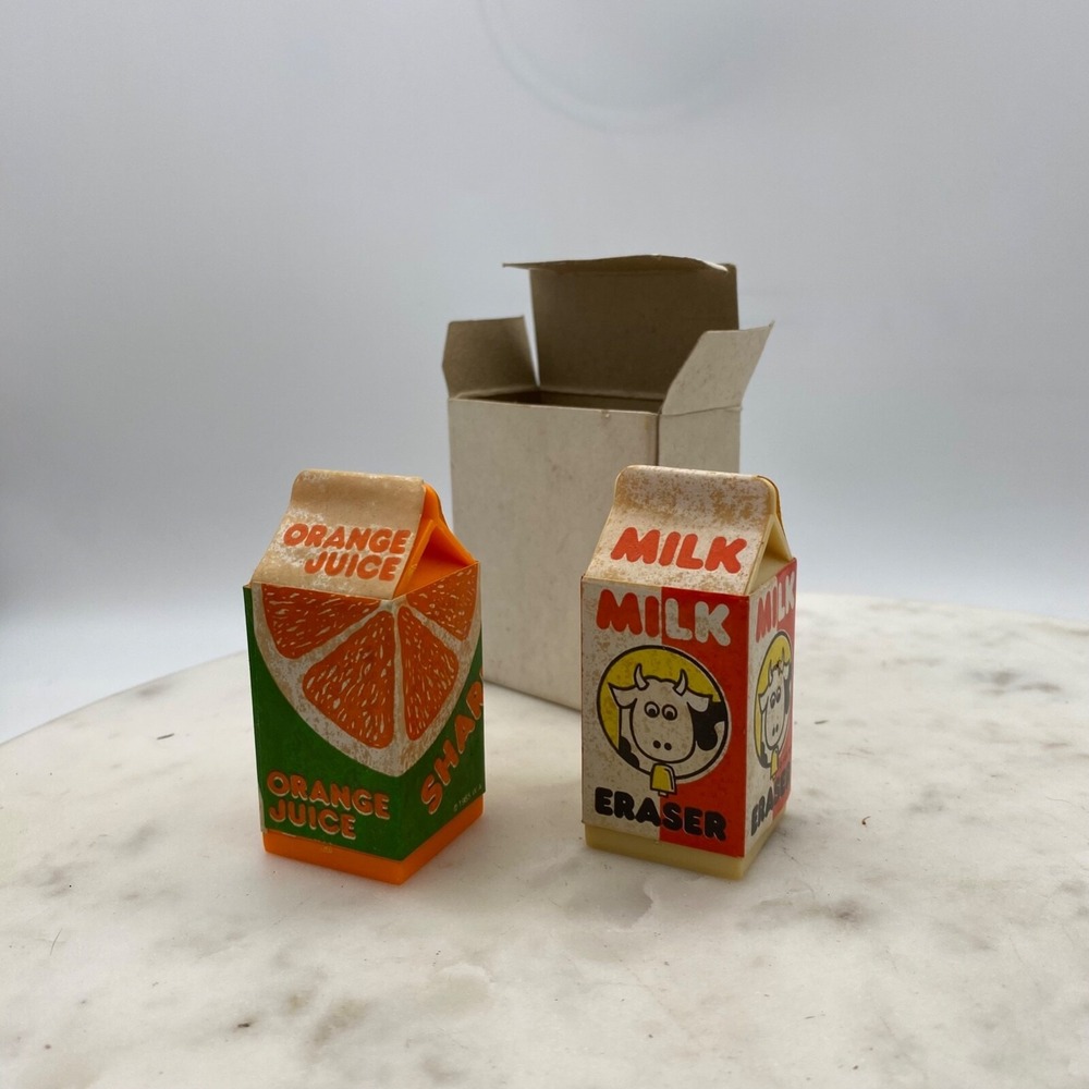Vintage Orange Juice Carton PENCIL SHARPENER & MILK ERASER 1985 Taiwan Novelty
